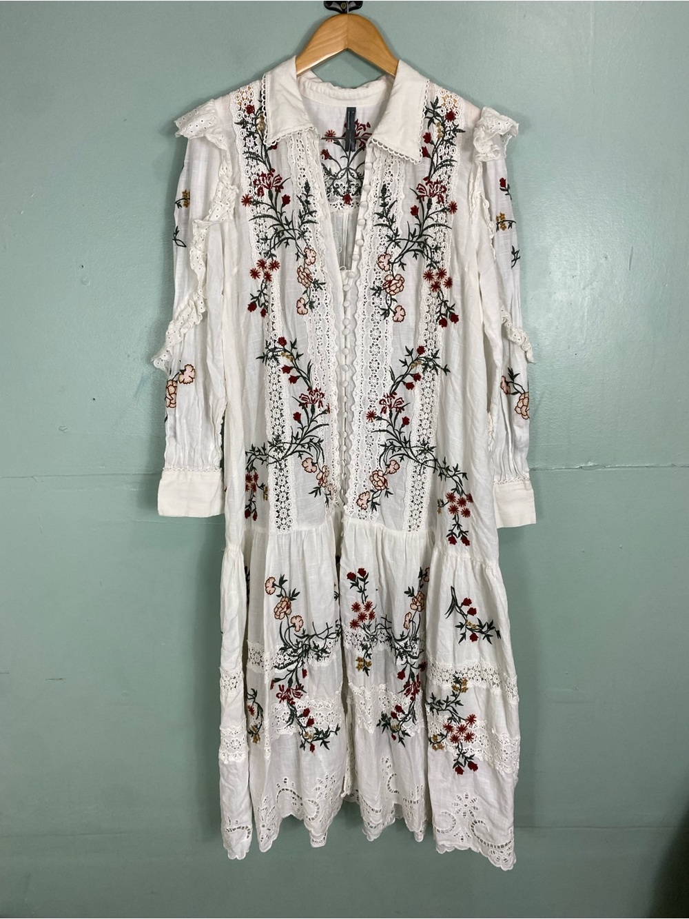 Anthropologie Long-Sleeve V-Neck Eyelet Midi Dress XL White Floral - Picture 2 of 10